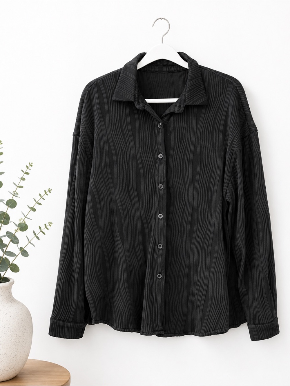 SHEIN Textured Black Button Down Shirt